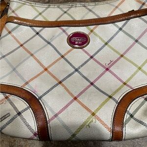 Coach Multicolor Plaid Crossbody Bag with Brown Trim and coordinating wallet